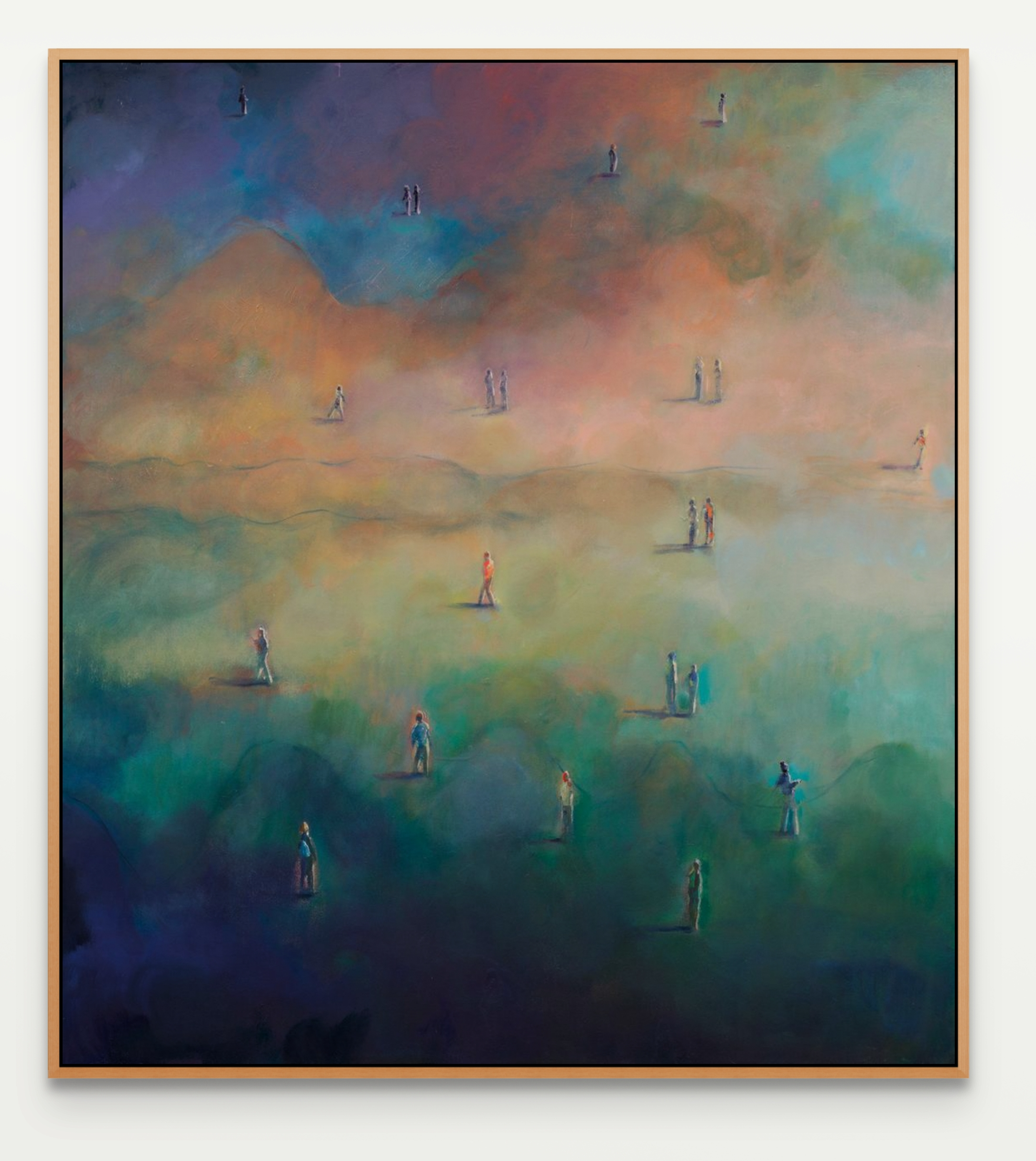 Abstract painting with people on a field, framed in oak.