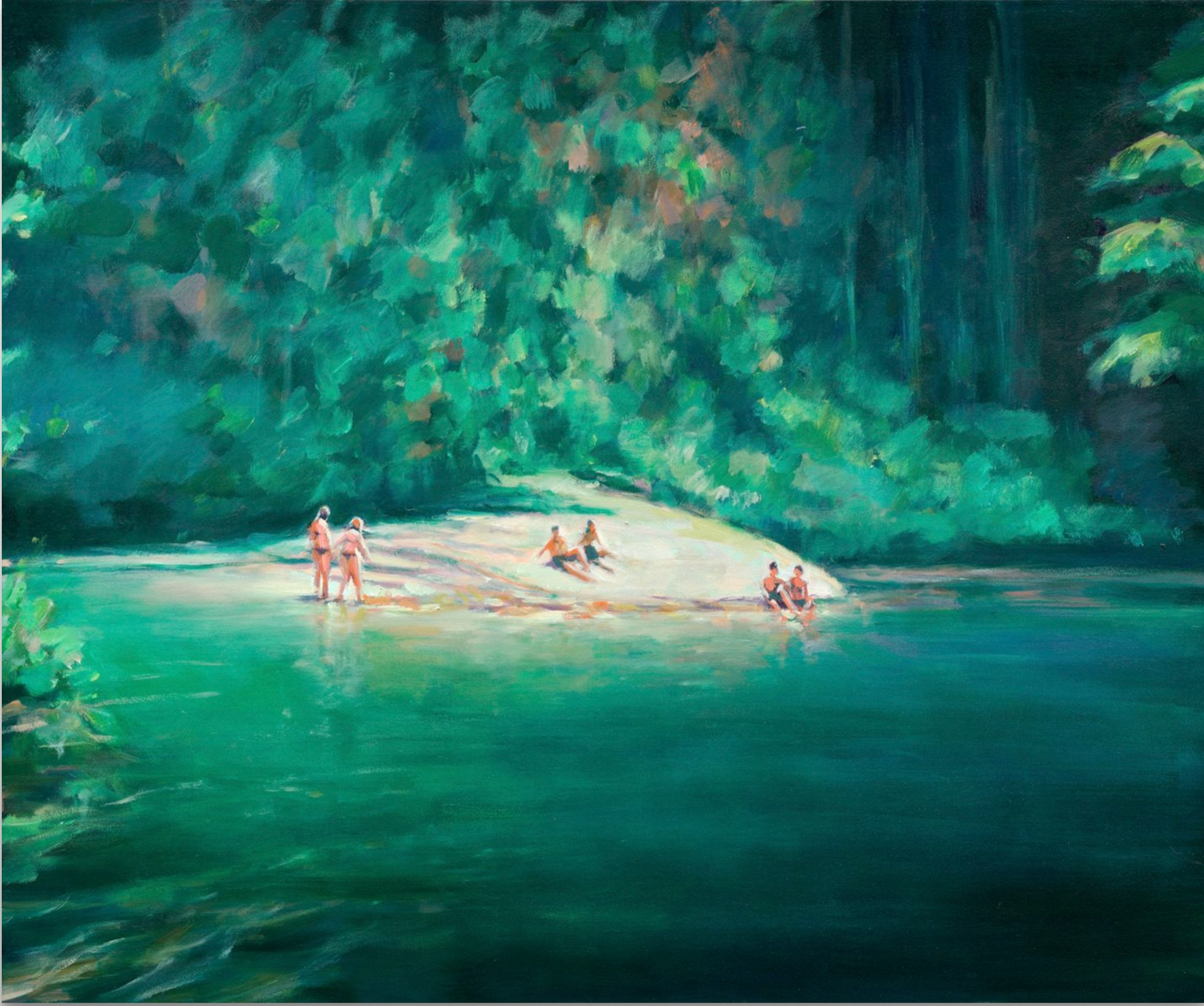 Artistic depiction of people by a lake with dense greenery